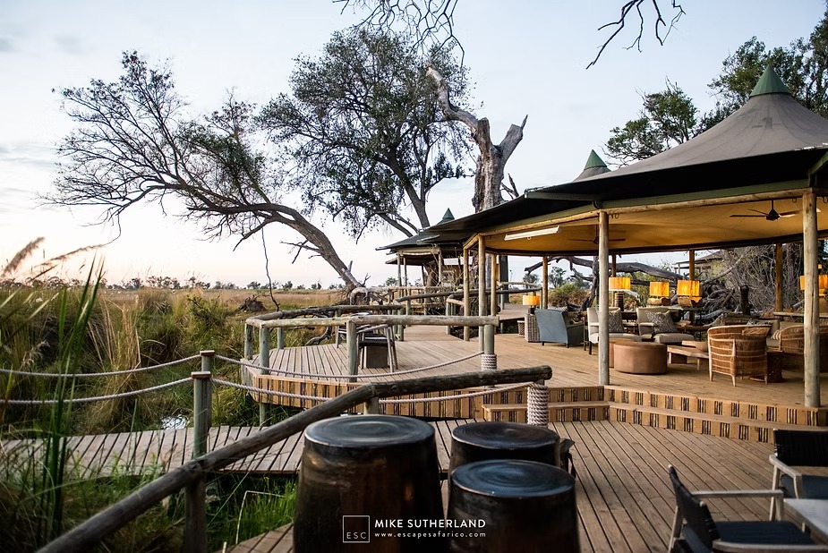 The camp deck looking out over the floodplain at dusk