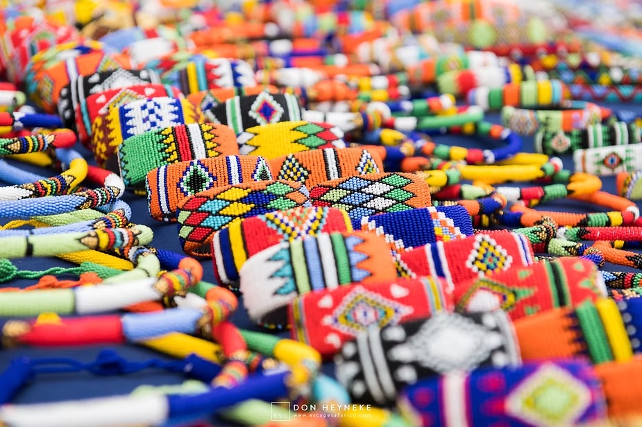 Beadwork laid out at a craft market in Johannesburg