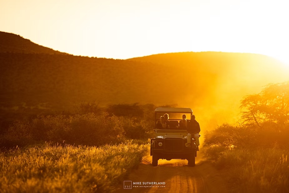 A game vehicle heading out into the sunrise