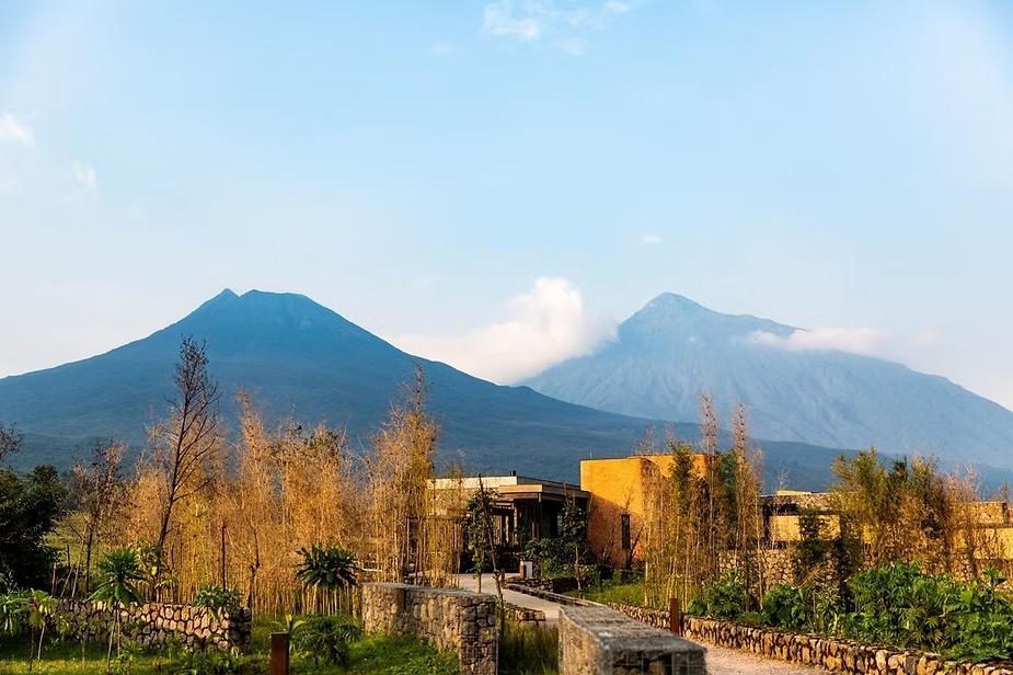 The Virunga volcanoes behind Singita Kataza House in Rwanda