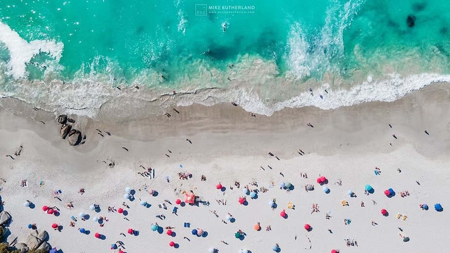 Beach umbrellas scattered along the sand where the Atlantic meets the shore